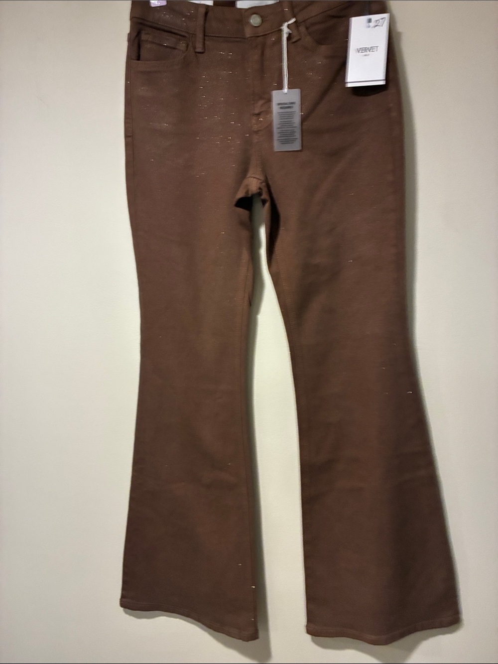 NWT Retro VERVET BY FLYING MONKEY Brown Flare Glitter Mid Rise Wide Sz 26